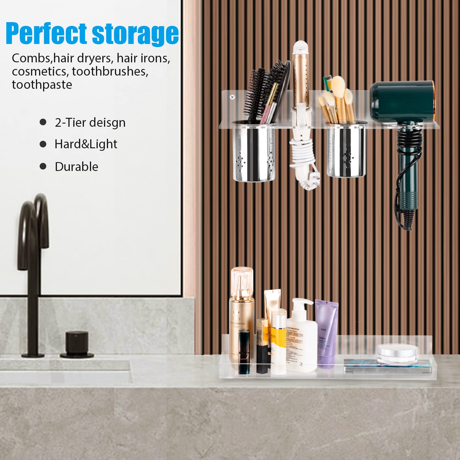 Soporte para secador de pelo montado en la pared, organizador de herramientas de pelo acrílico para baño