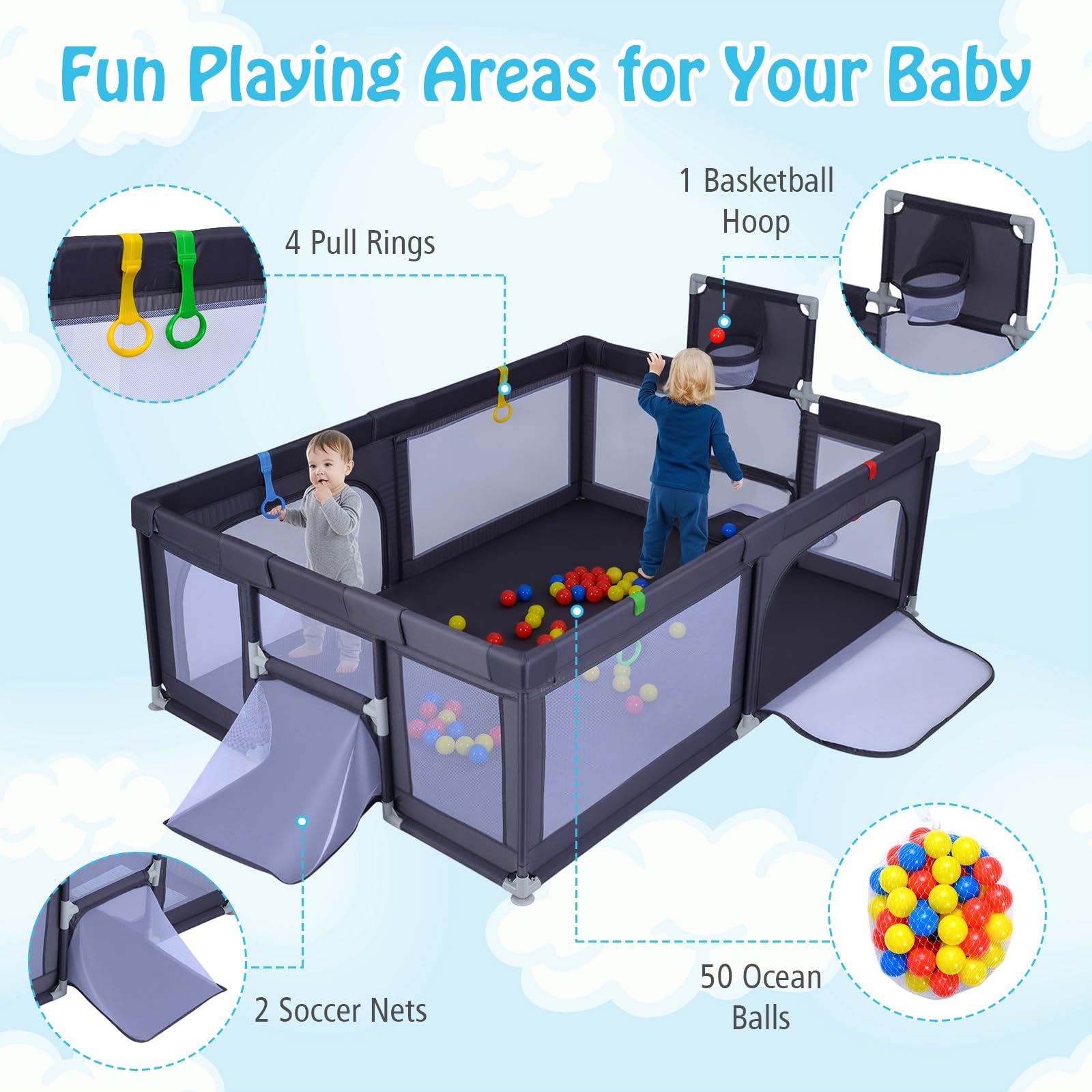 FANTASK Baby Playpen Kojec składany, z koszem do koszykówki i siatkami do piłki nożnej, kojec z torbą do przenoszenia, 50 piłek do gry i uchwytami, kratka do raczkowania z oddychającą siatką