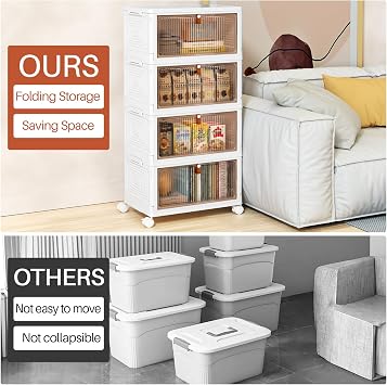 PurKeep Storage Boxes with Lid - 23L*4 Tier Plastic Storage Box with Lid, Stackable Boxes with Wheels, Storage Drawers with Front Door, Plastic Box for Home and Office, White, 4 Packs