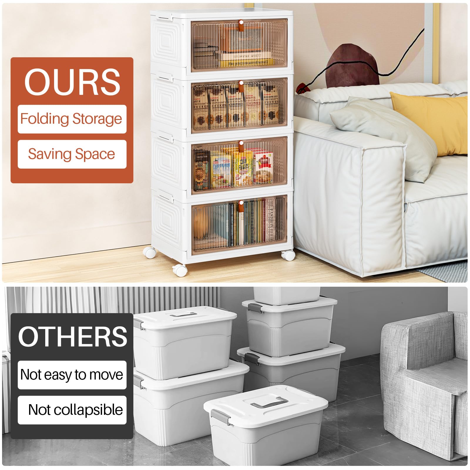 PurKeep Lot de 4 boîtes de rangement avec couvercle – Boîte de rangement en plastique à 4 niveaux avec couvercle, boîtes empilables avec roulettes, tiroirs de rangement avec porte d'entrée, boîte en