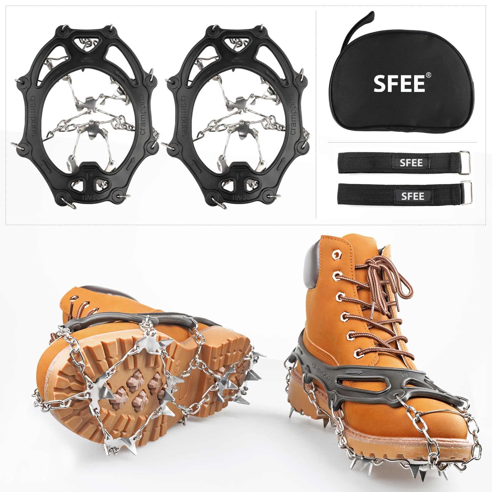 Sfee Ramponi da neve per ghiaccio, tacchetti di trazione, 19 punte in acciaio inox, per donne, uomini, bambini, antiscivolo, flessibili, per scarpe/stivali, per passeggiate, arrampicata, escursionismo