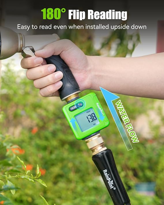 RAINPOINT Bluetooth Smart Water Flow Meter, Brass Fittings, 180 Flip LCD Screen, APP Monitor Water Usage & Flow Rate, Gallon/Liter Measure for Garden, RV, Sprinklers & Hose Nozzles,Green