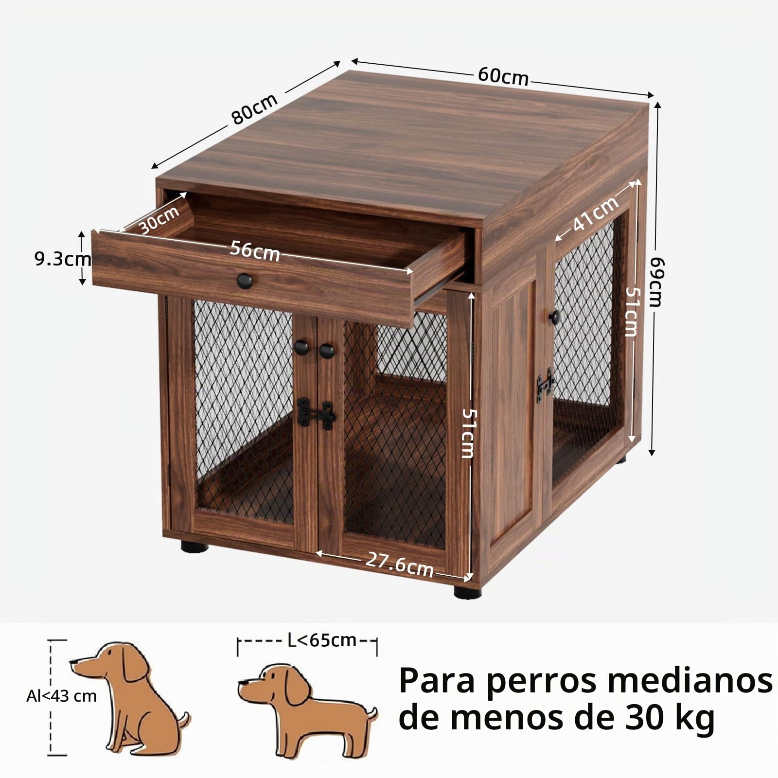 VOWNER Muebles para Jaulas de Perros, 3 Puertas Caja de Madera con Cajón, Moderna Caseta para Perros como Mesa Auxiliar, 60 x 80 x 69 cm, para Perros Pequeños/Medianos de hasta 30 kg, Marrón Nogal