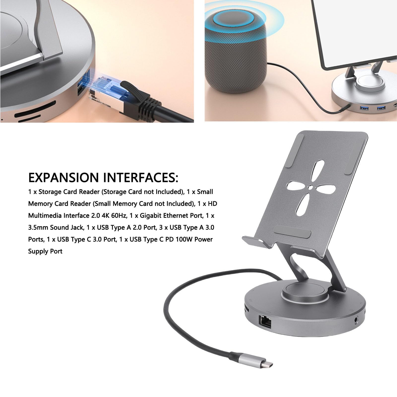 Fabater Supporto per Docking Station USB C Ruotabile a 360°, Supporto per Tablet Regolabile 11 in 1 per Dispositivi Switch 2 e