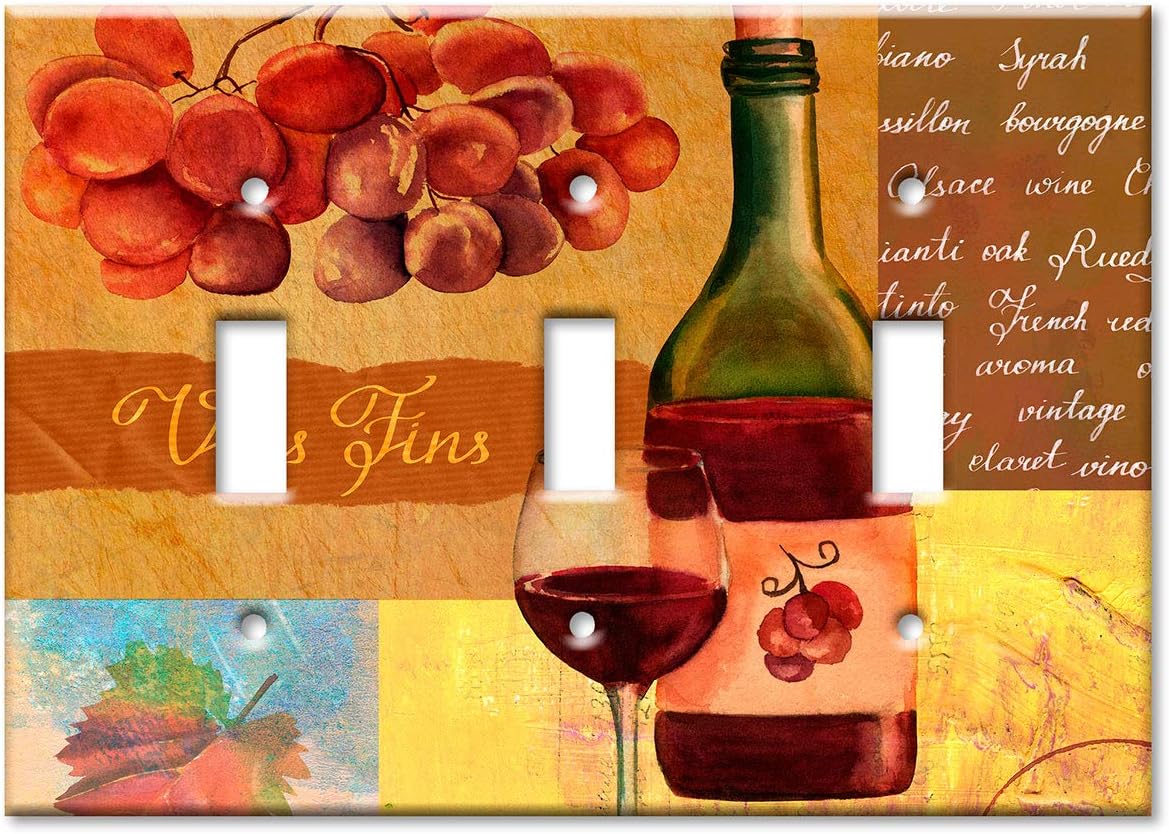 Art Plates - Triple Gang Toggle Switch Plate - Decorative Metal Wall Plate - Vintage Wine - (Made in USA)