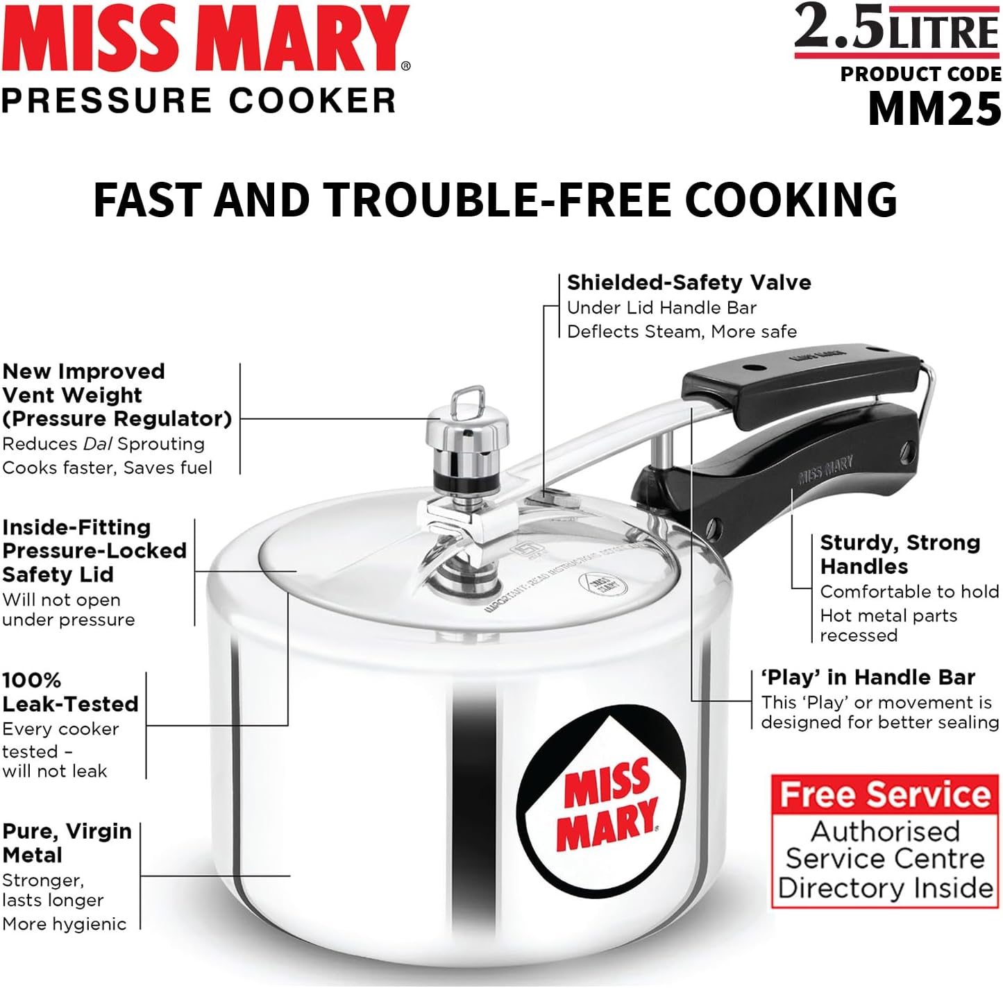 Diagram of Hawkins Miss Mary Pressure Cooker highlighting key features like shielded safety valve, inside-fitting pressure-locked safety lid, vent weight, sturdy handles, and leak-tested pure virgin metal construction.
