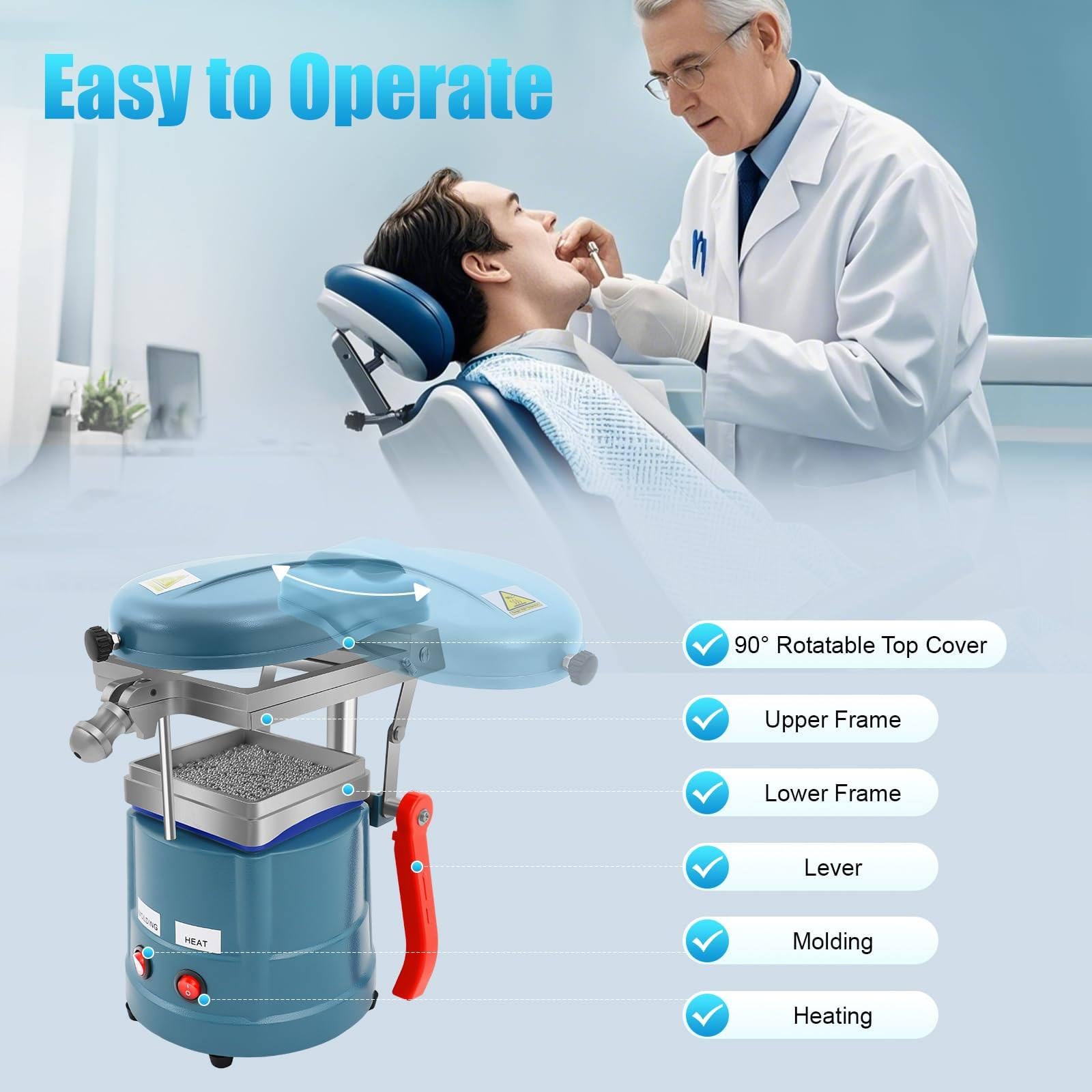 Dental-Vakuumformmaschine, 1000 W, leistungsstarkes Formwerkzeug mit Stahlkugeln, Laborausrüstung, symmetrische Erwärmung, gleichmäßige Erwärmung, gebaut, um für viele klinische Anwendungen zu halten