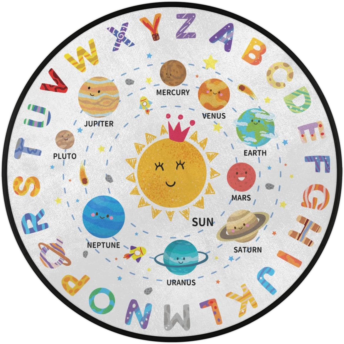 Round Kids Rug,3 Ft ABC Letter Educational Playroom Rug,Non-Slip Solar System Alphabet Kid Play mat for Classroom Playroom Bedroom Kids Room Decor