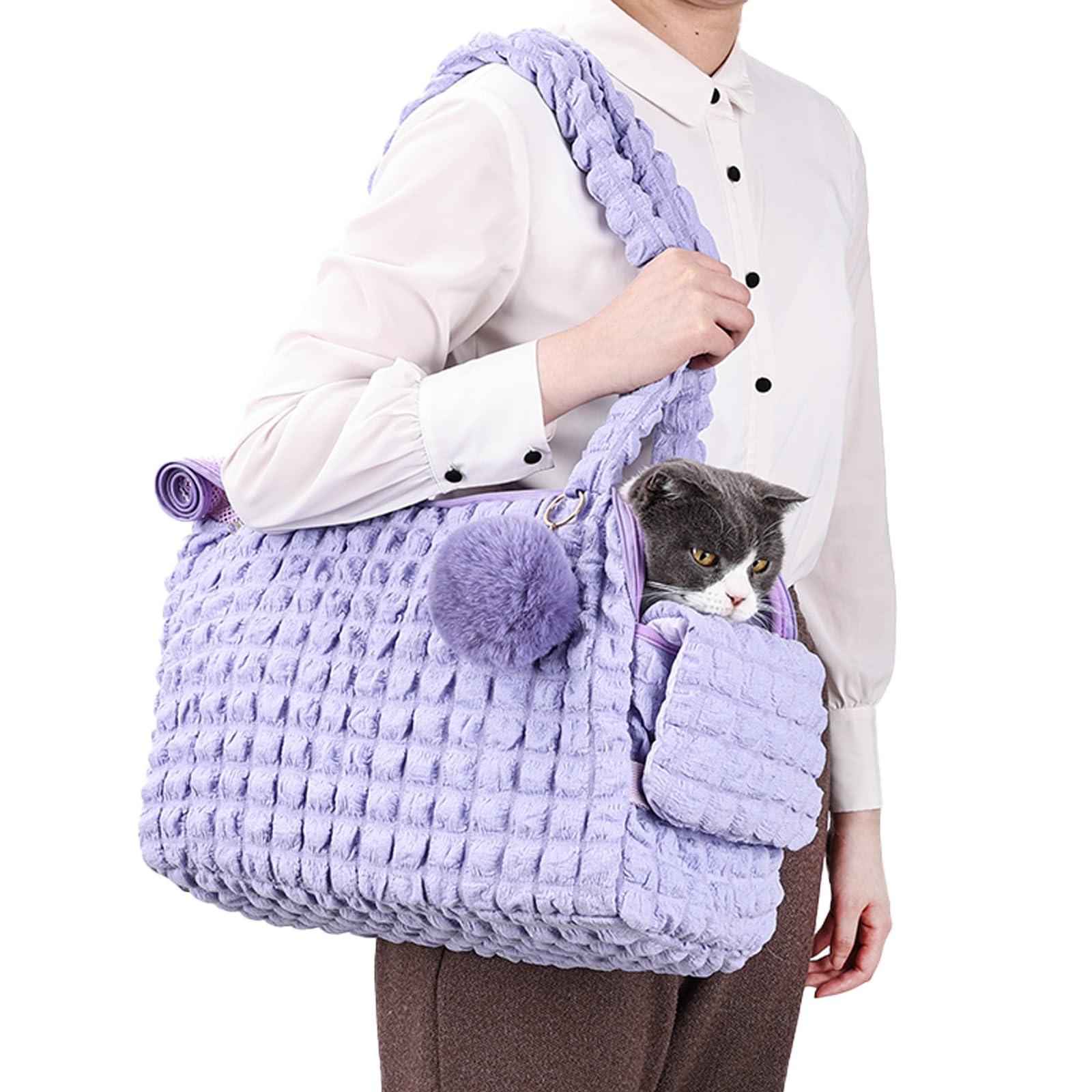 Transportadores de lados suaves para gatos, bolsa de burbujas de moda para mascotas, bolso acolchado con bola esponjosa y cremalleras de malla ventilada para cachorros de 11 libras/gatos de