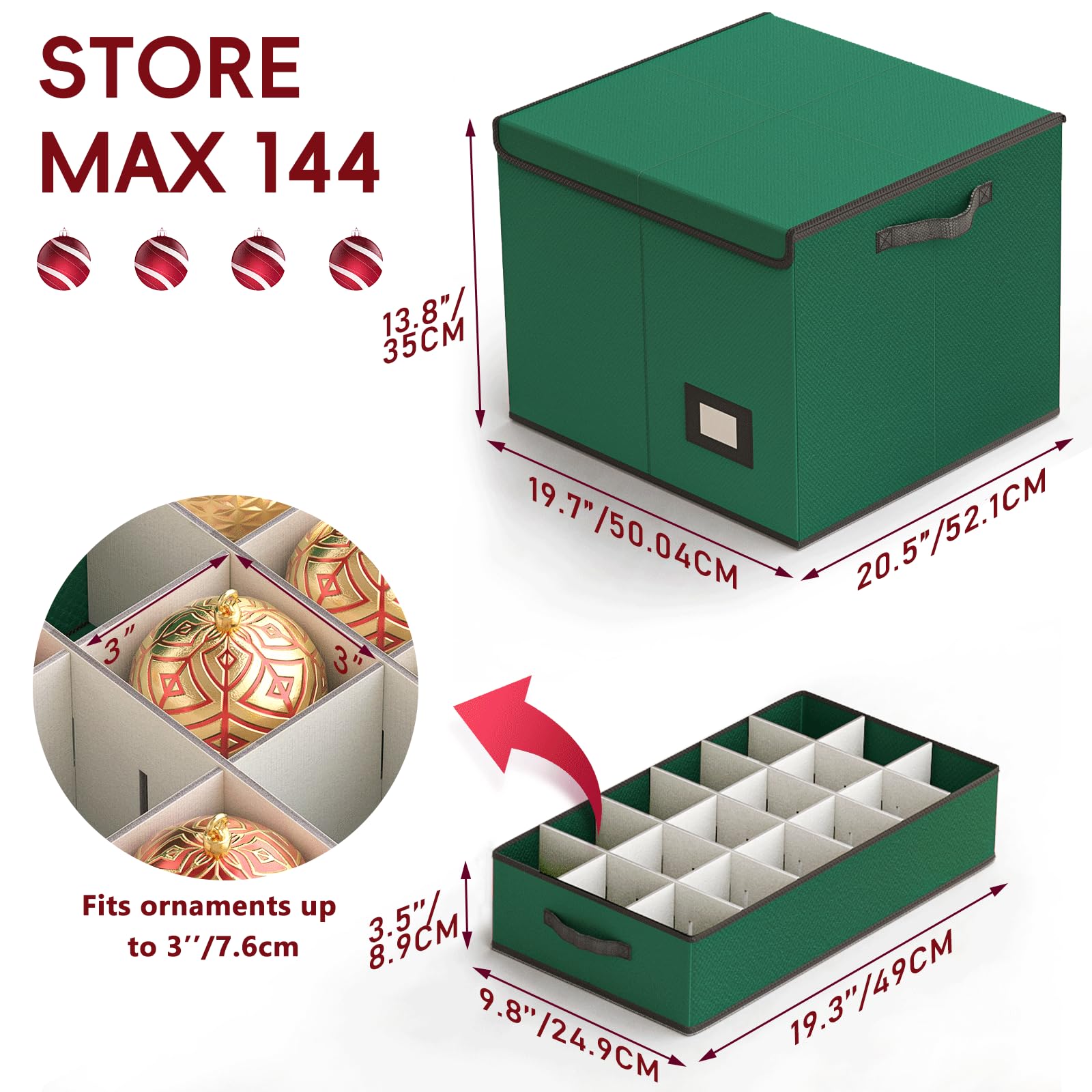 Mutool Scatola portaoggetti per palline di Natale con divisori, 144 scomparti, contenitore per ornamenti natalizi con 8 vassoi, grande contenitore natalizio con coperchio ribaltabile, perfetto per