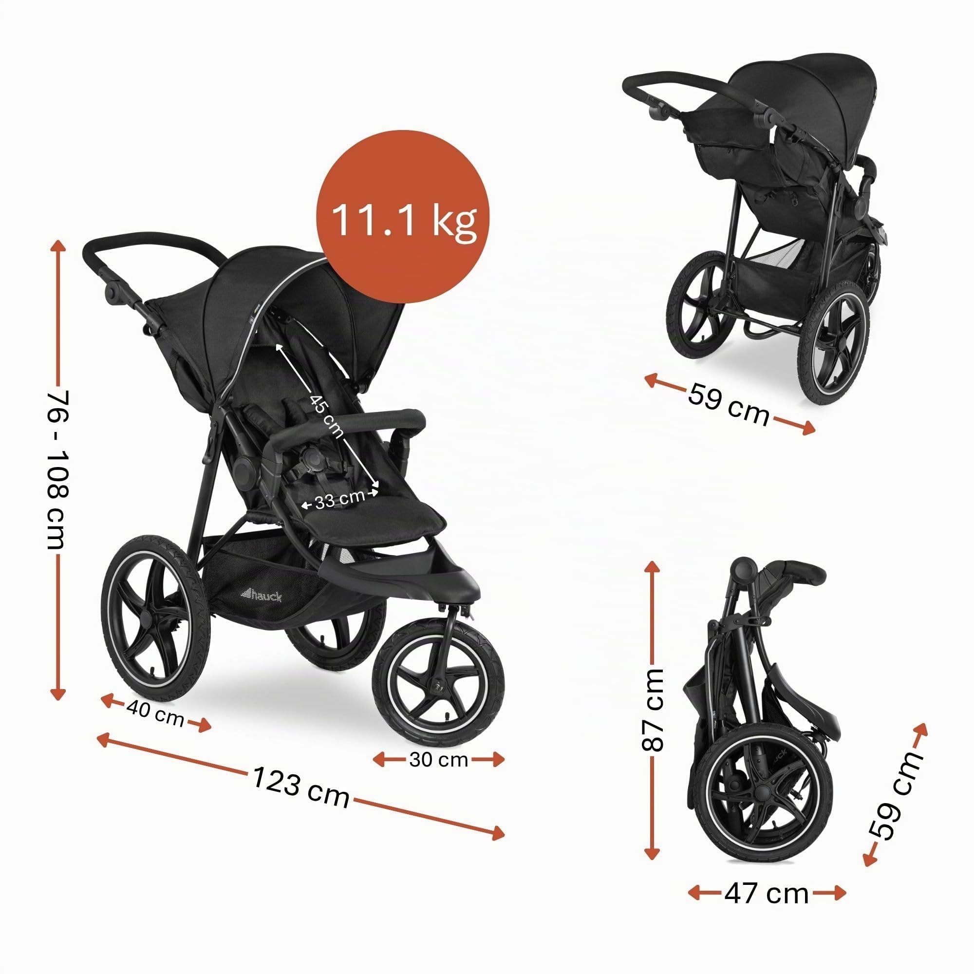 hauck Poussette 3 Roues Runner 2 Tout Terrain avec Grandes Roues Gonflables, Suspension, UV 50+, Position Allongée, Fenêtre XL, Guidon Réglable, Pliable, Jusqu’à 22 kg, Noir