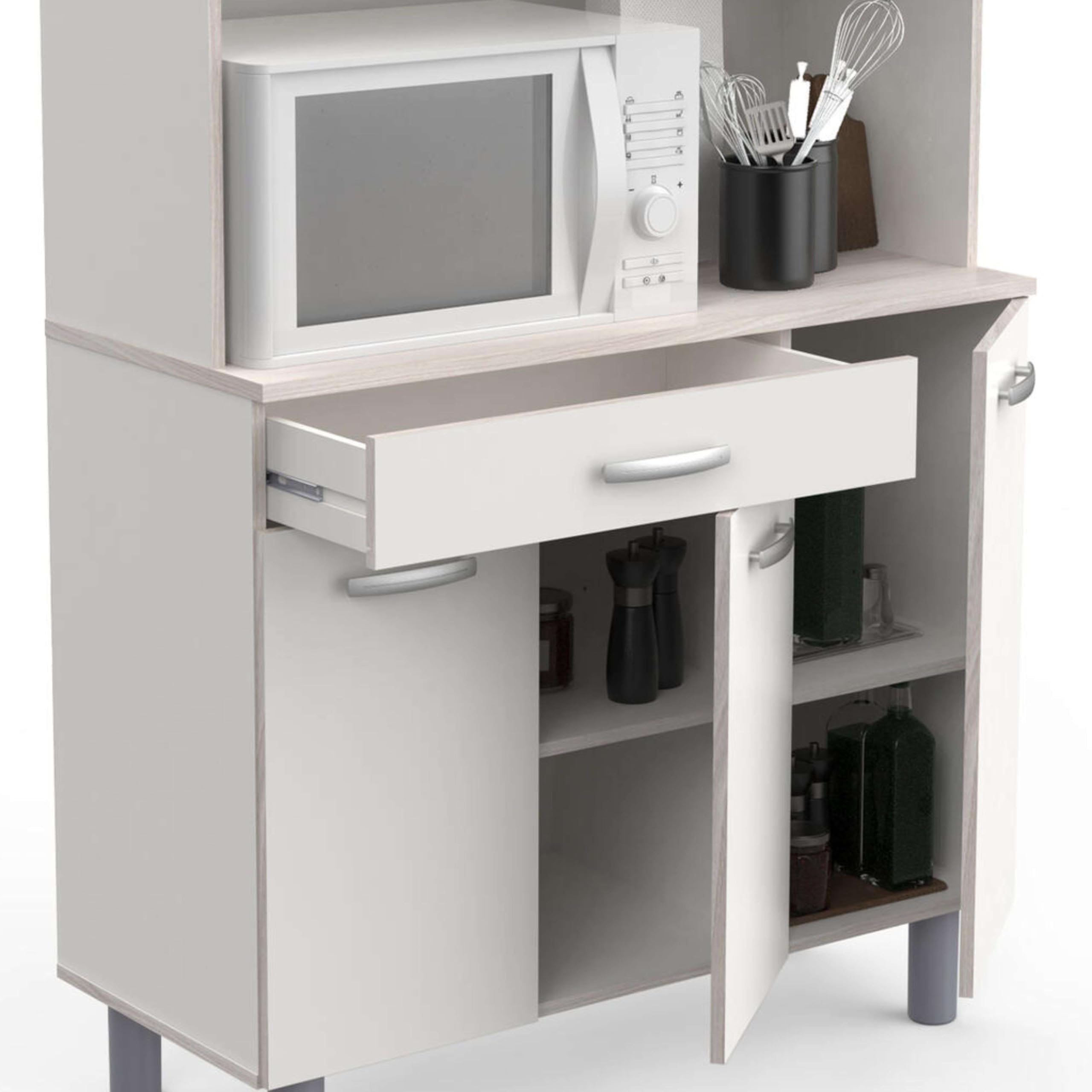 Mueble Auxiliar Cocina, Armario Cocina, Alacena Cocina Buffet 6 Puertas Blanco y Roble Acacia 101x185 cm