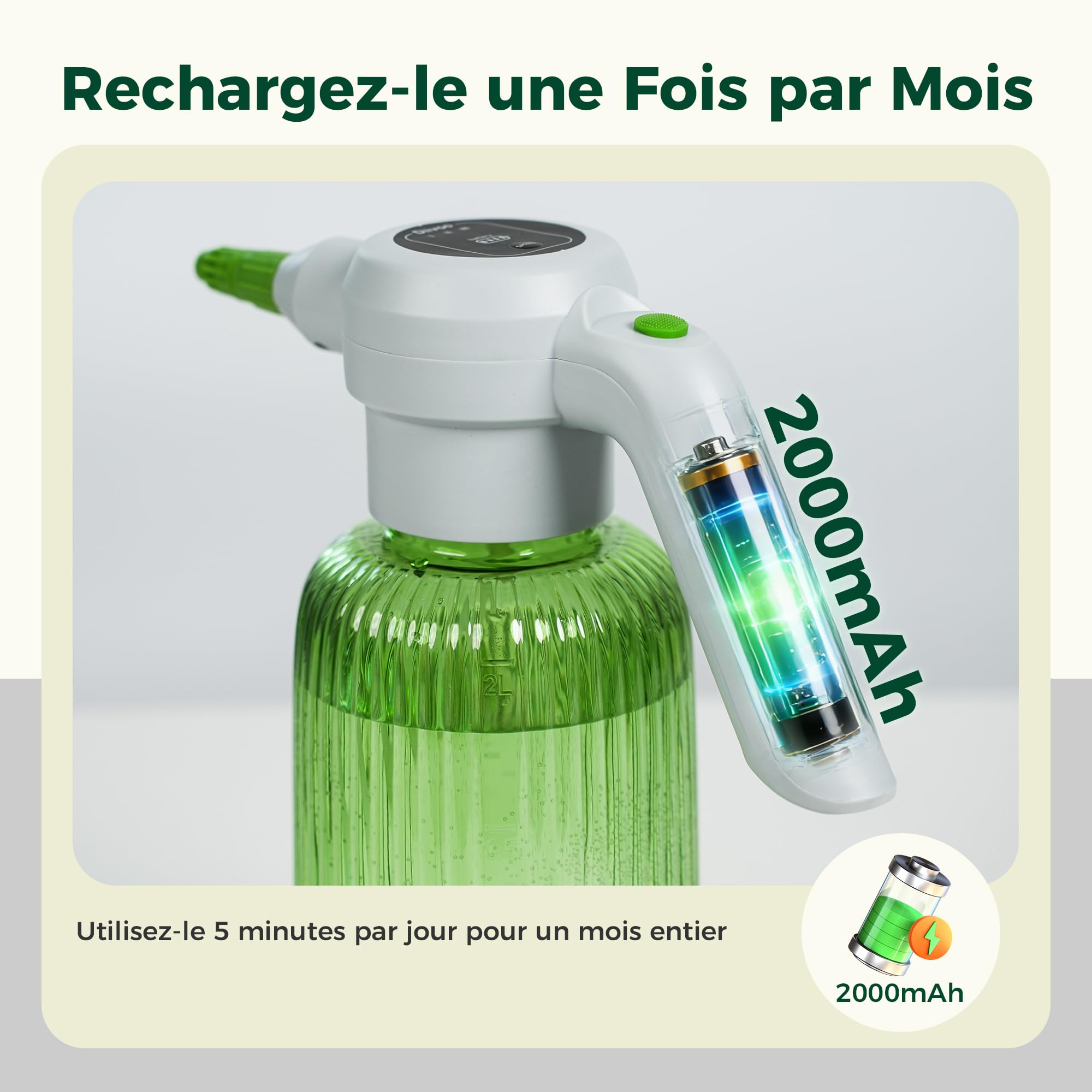 Diivoo Pulvérisateur Électrique 2L, 3 Vitesses & 2 Modes (Brouillard & Jet), Réservoir Transparent, Batterie Rechargeable 2000mAh, Pulvérisateur à Pression Portable pour Plantes, Balcon, Petit Jardin