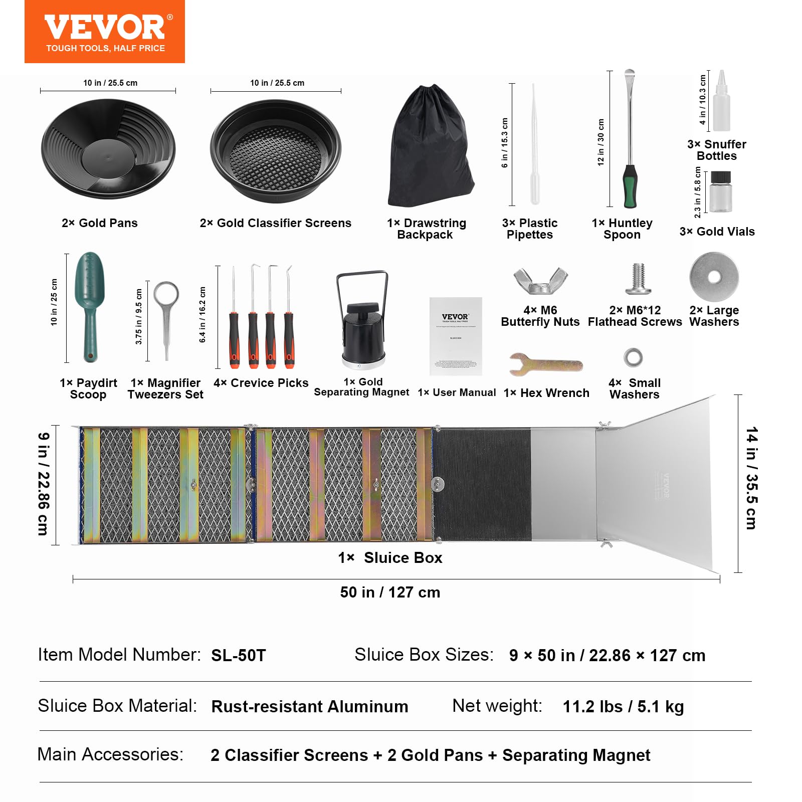 VEVOR Kit d'Orpaillage Portable 23 Pièces 127 cm Rampe d'Orpaillage en Aluminium avec Bâtée Tamis Pipettes Pelle