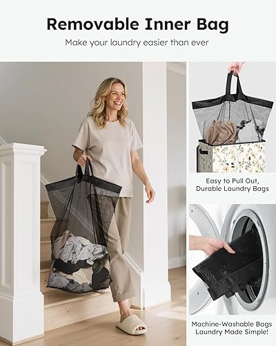 Miniatura 4 de SOLEDI Cesta de lavandería con tapa, cesta de lavandería floral alta y grande de 90 litros, cesta de ropa plegable con bolsa extraíble, cestas