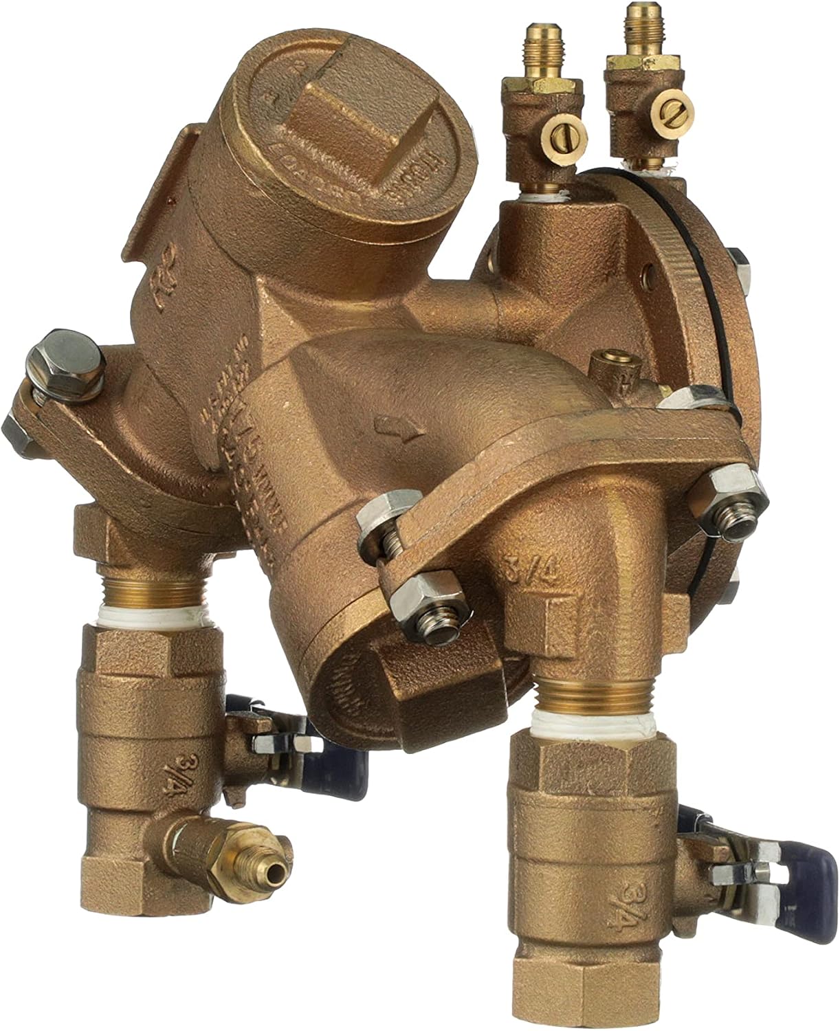 Febco 825YA Series 3/4" Bronze Reduced Pressure Zone Backflow Preventer Assembly, Quarter Turn Shutoff, N Pattern, Flanged Angle Union Connections, Industrial Plants, Irrigation System