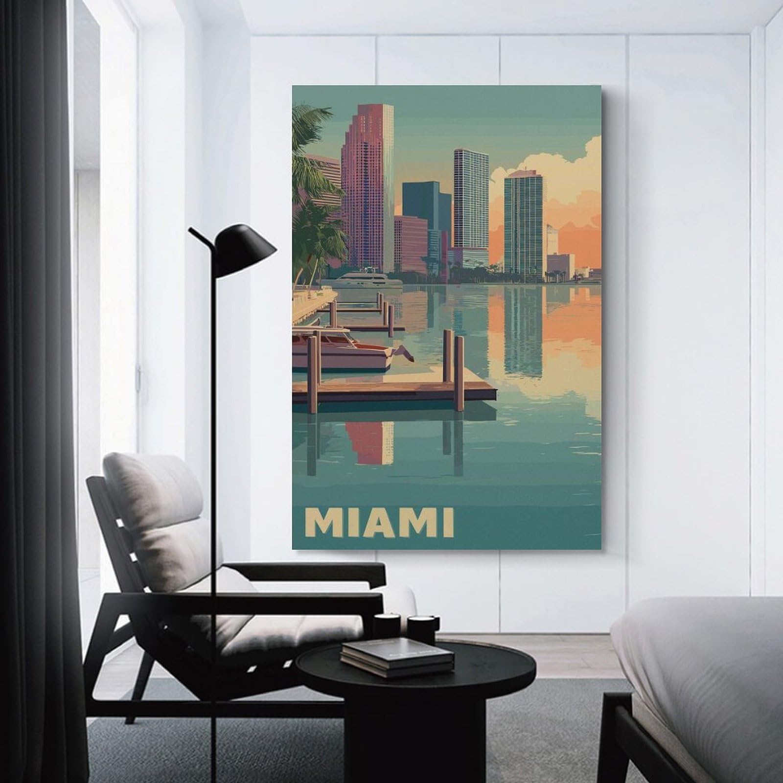 Junmoney Miami Cityscape with Boats And Docks Canvas Art Print, 08x12inch(20x30cm), for Wall Displays, Bedrooms Or Room Updates, Home Wall Art for Statement Displays
