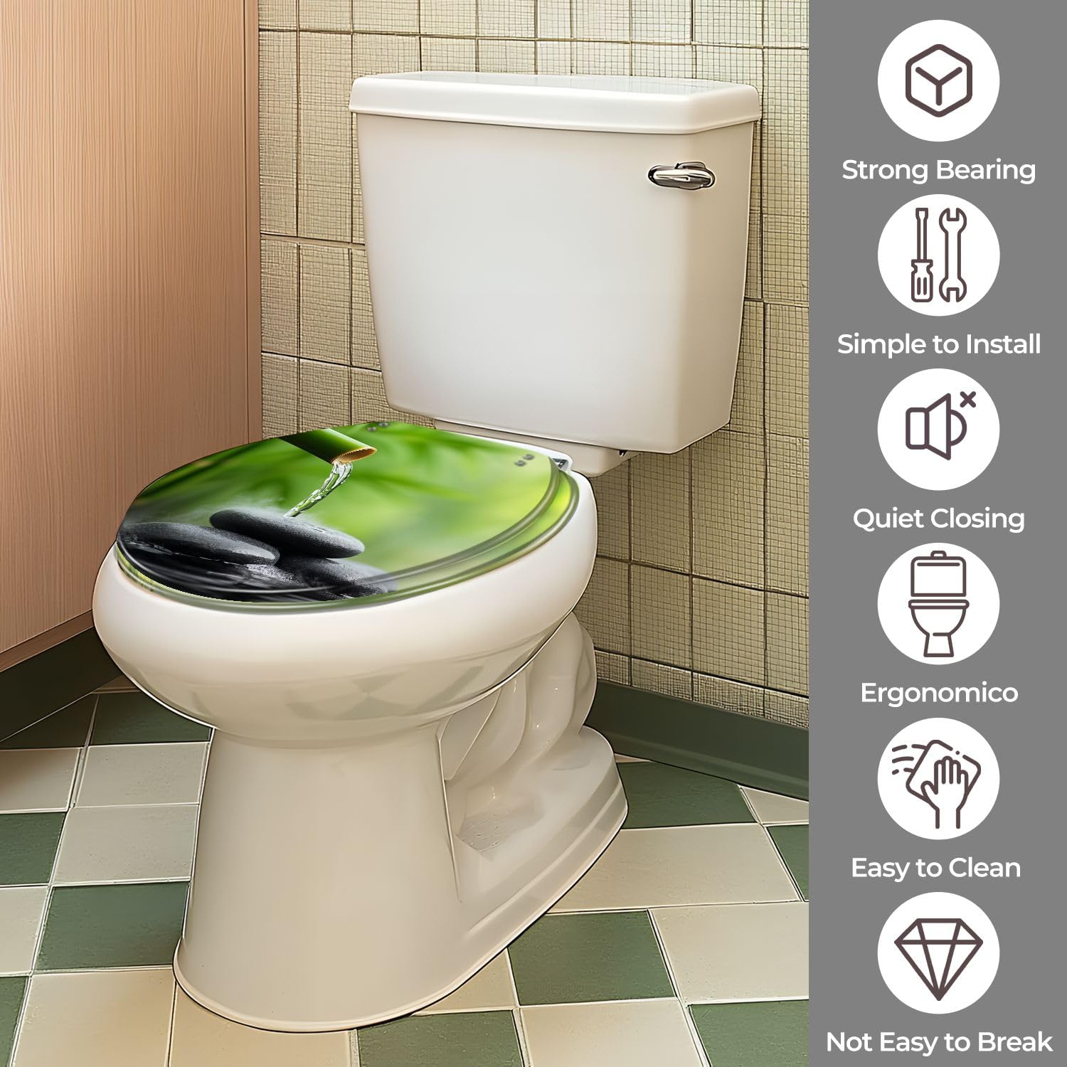 Asiento de inodoro redondo de resina para baño.