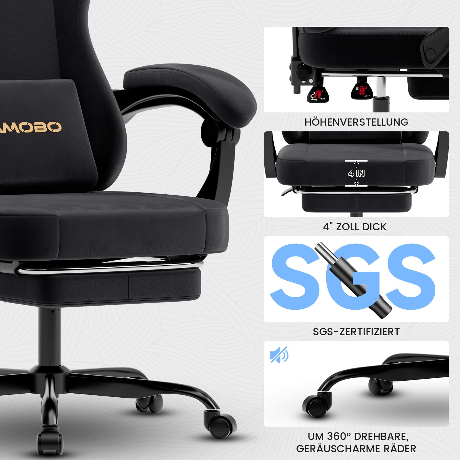 Gaming Stuhl Stoff Ergonomisch Gaming Chair mit Fußstütze Schwarz