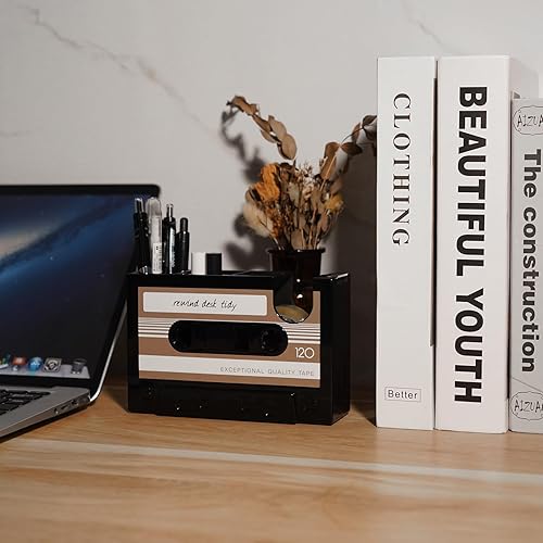 Miniatura 4 de SHIDOW Soporte creativo para bolígrafos con cinta adhesiva, dispensador de cinta de casete retro, colección de escritorio para lápices, organizador