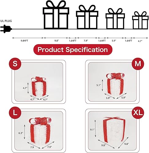 Miniatura 2 de Juego de 4 cajas de regalo iluminadas, 3.3 pies, 70 luces LED, apilables, cajas de regalo para decoraciones de Navidad, interiores y exteriores,
