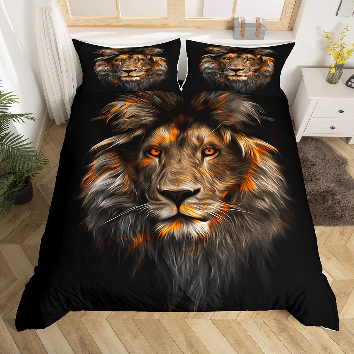 Homemissing Orange Lion Duvet Cover Safari Bedding Set for Kids 3D Wild Animal Bedding Ultra Soft Decor Wildlife Style Decor Crack Design Brick Bedspread Cover King Size Zipper