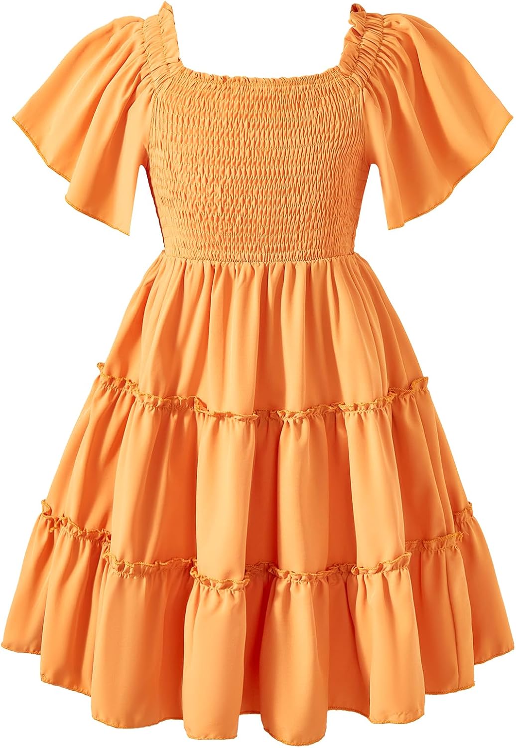 Girls Summer Dress Midi Casual Ruffle Flowy Square Neck Swing Tiered Smocked Tween Dresses for 6-15 Years Orange 12-13 Years image 2 of 8 B0F6NGNWV3