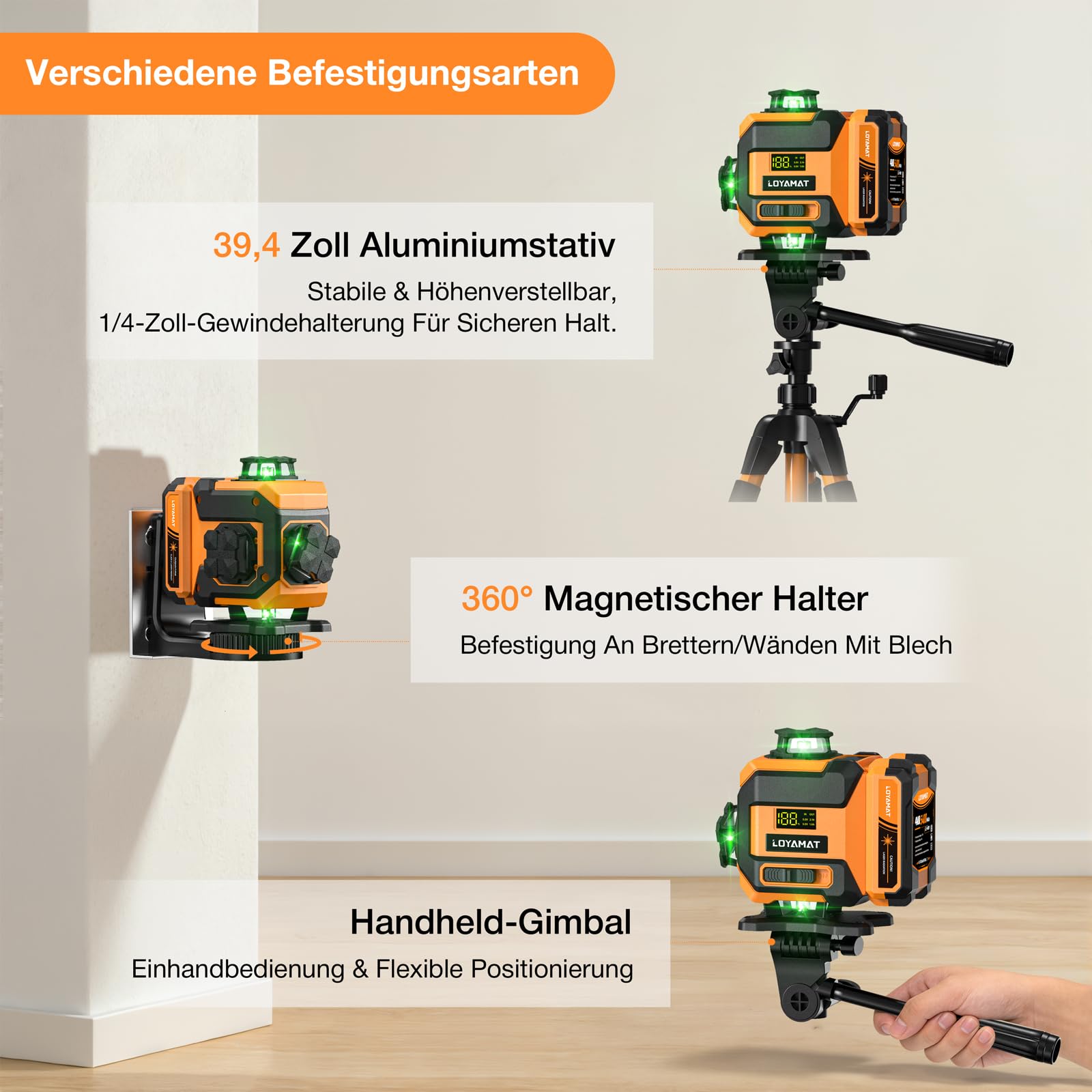 16-Linien grüner Kreuzlinienlaser, Laser-Wasserwaage mit Stativ – 4×360° selbstnivellierender Laser Grünkreuzlaser für Bauarbeiten, Fliesenlegen, Holzarbeiten – Fernbedienung, 2×5400 mAh Akkus & IP54