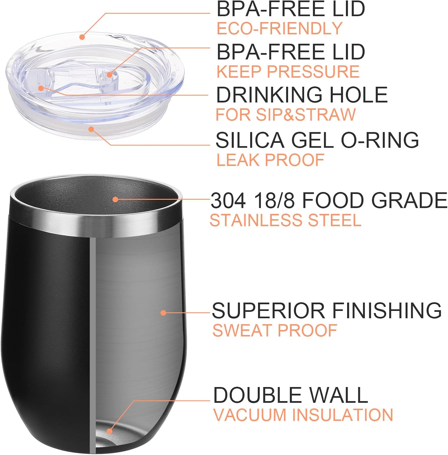 12 Oz Insulated Wine Tumbler with Lid Double Wall Vacuum Stainless Steel Wine Glass Coffee Mug Insulated Tumbler Cup for Champaign, Cocktail, Beer (White, 1 Pack) (black) - Image 3