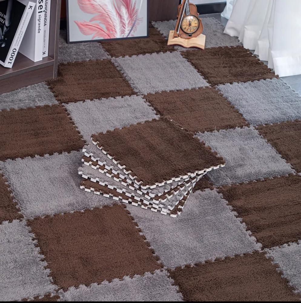 Puzzlematte Schaumstoff-Puzzle-Bodenmatte, ineinandergreifende Teppichfliesen 12x12 in Mehrfarbig, Packung mit 4–10 Stück(Gray+Coffee,4 Pcs)