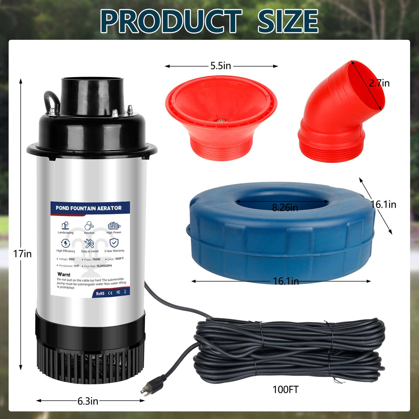 Pond Fountain Aerator 750W -Pond Fountain -1HP 15000 GPH Floating Aerator Pump-100ft Power Cord -For Ponds and Lakes 2025 Latest model
