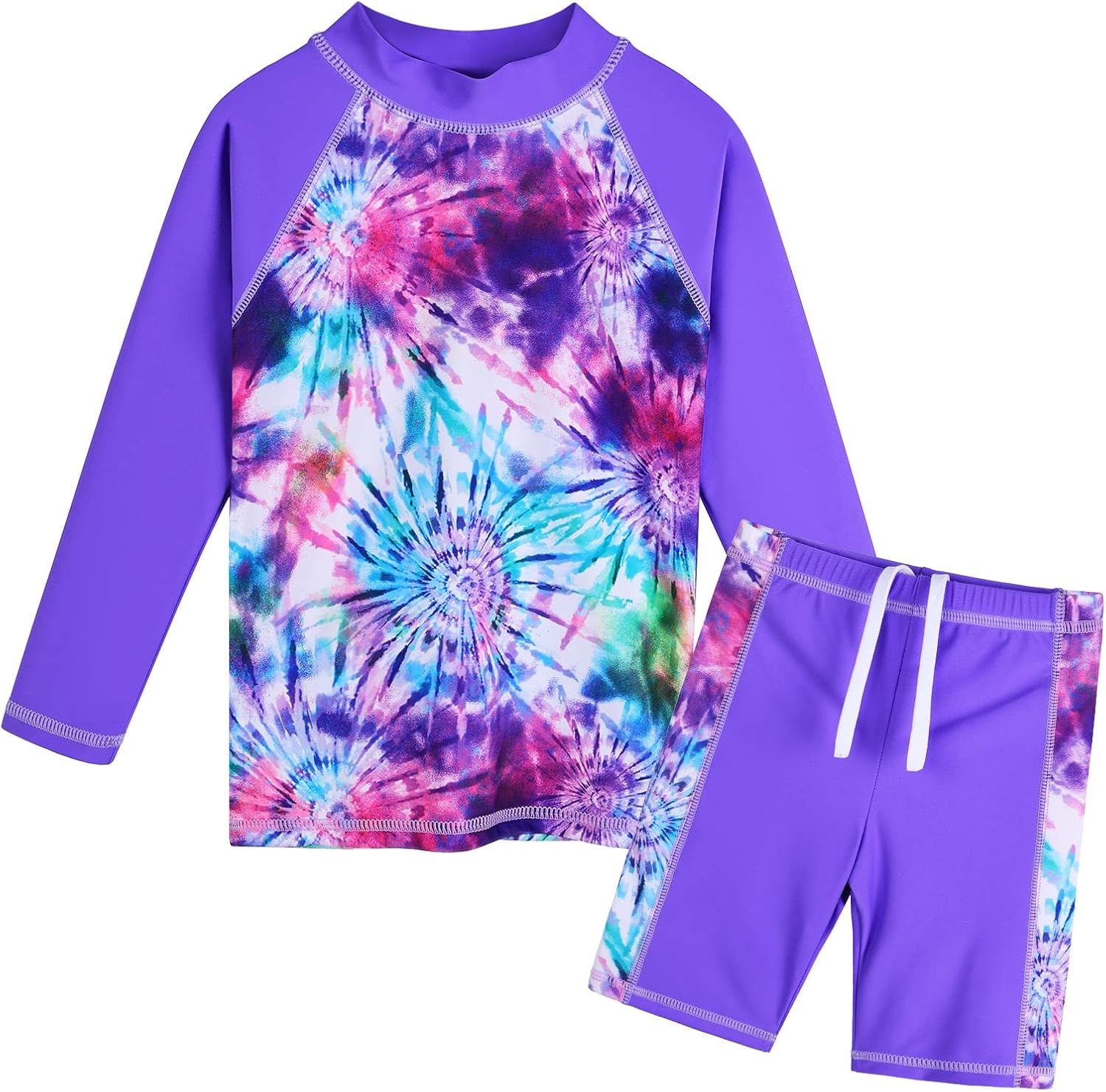 TFJH E Girls Swimsuit UPF 50+ UV Two Piece Long Sleeve Swimwear Rash Guard Sets 3-12Y 5-6 Years A Purple Tie Dye