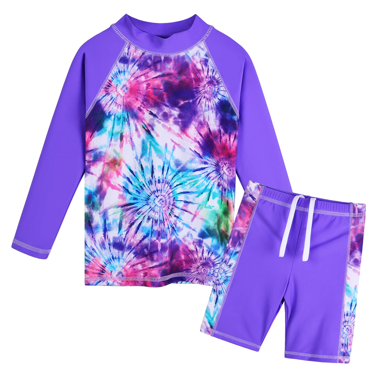 TFJH E Girls Long Sleeve Sunsuits UV 50+ Rash Guard Swimsuits 2PCS Bathing Suits 12-13y Purple Tie Dye 164/170