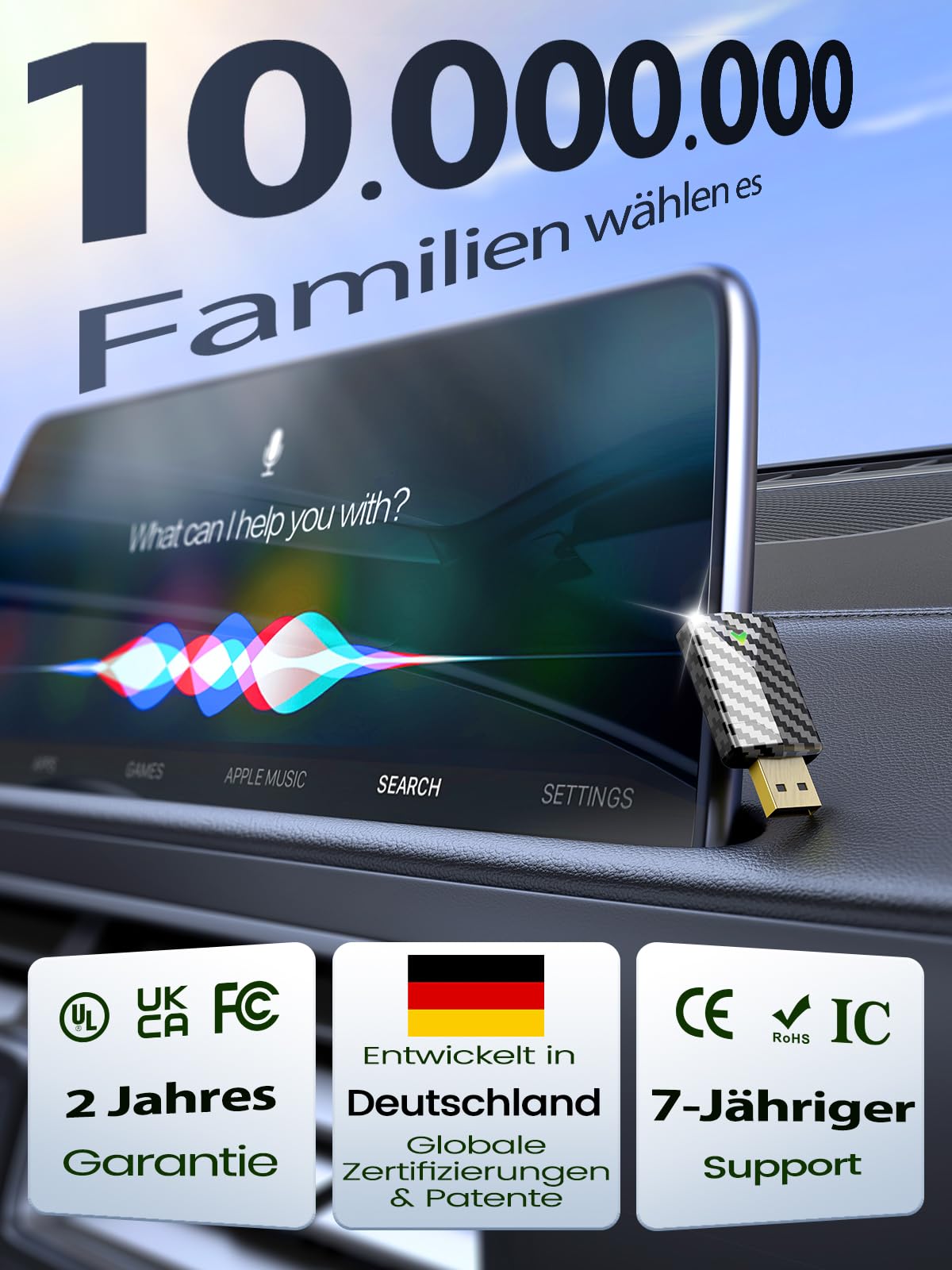 Mini CarPlay Wireless Adapter für Apple iPhone, Android Auto Wireless Adapter mit Auto GPS Navigation, Karbonfaser Design, Metall USB-A/C, Schnell & Stabil, Kompatibel mit iPhone (iOS 10+)/Android 10+