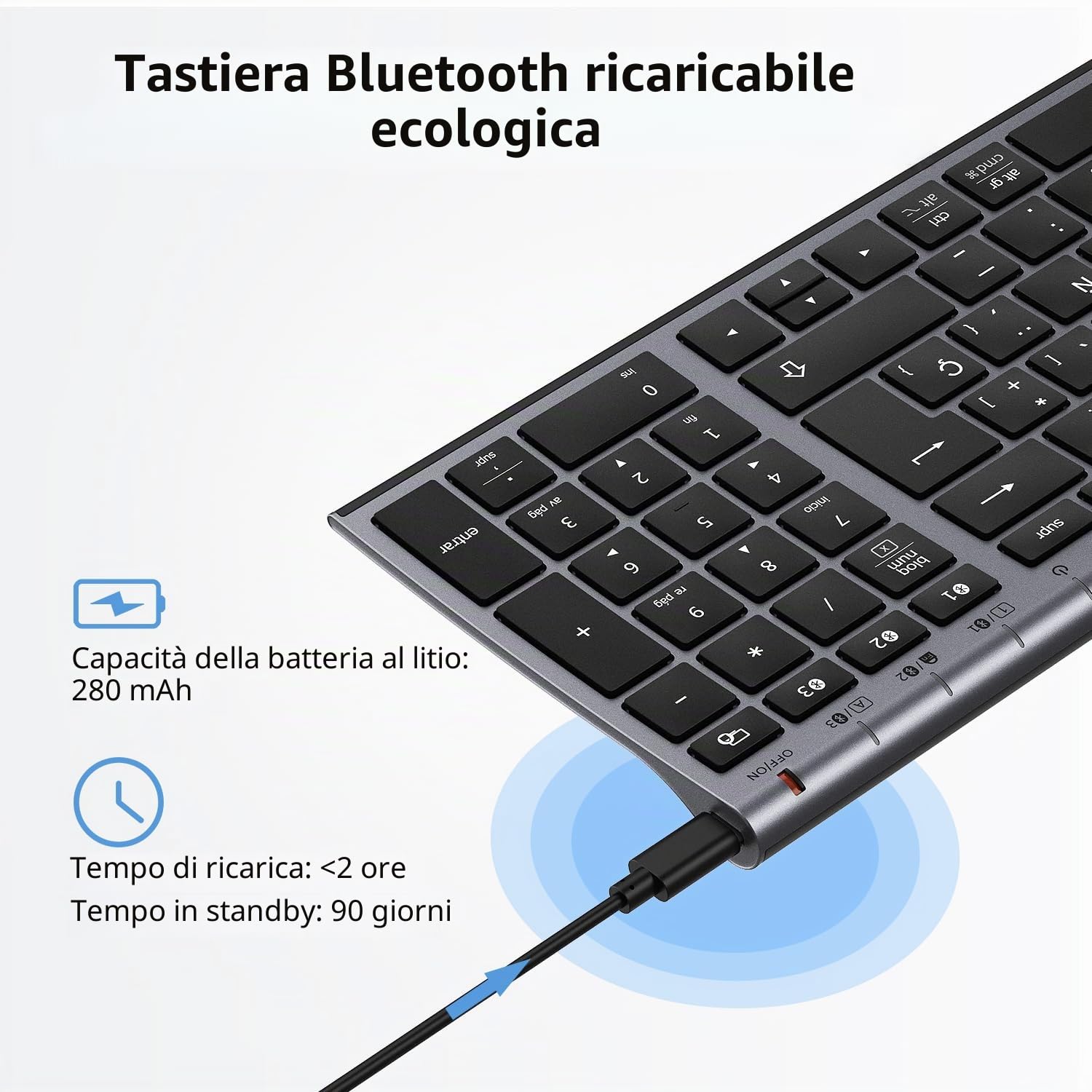 iClever Teclado Bluetooth BK10, Inalámbrico QWERTY Español Teclado Multi Dispositivo Recargable Diseño Ergonómico Tamaño Completo Conexión Estable Teclado para Mac/iPad/Windows grisáceo