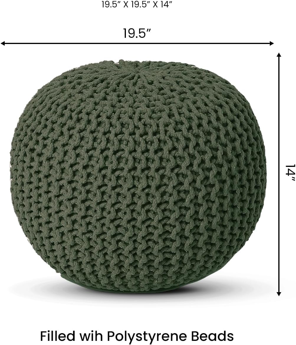 REDEARTH · Round Hand Knitted Pouf - Foot Stool Bean Bag Ottoman - Cord Boho Pouffe - Poof Accent Beanbag Footrest for Living Room - Bedroom - Patio - Lounge (19.5"x19.5"x14") - Olive, Set of 2