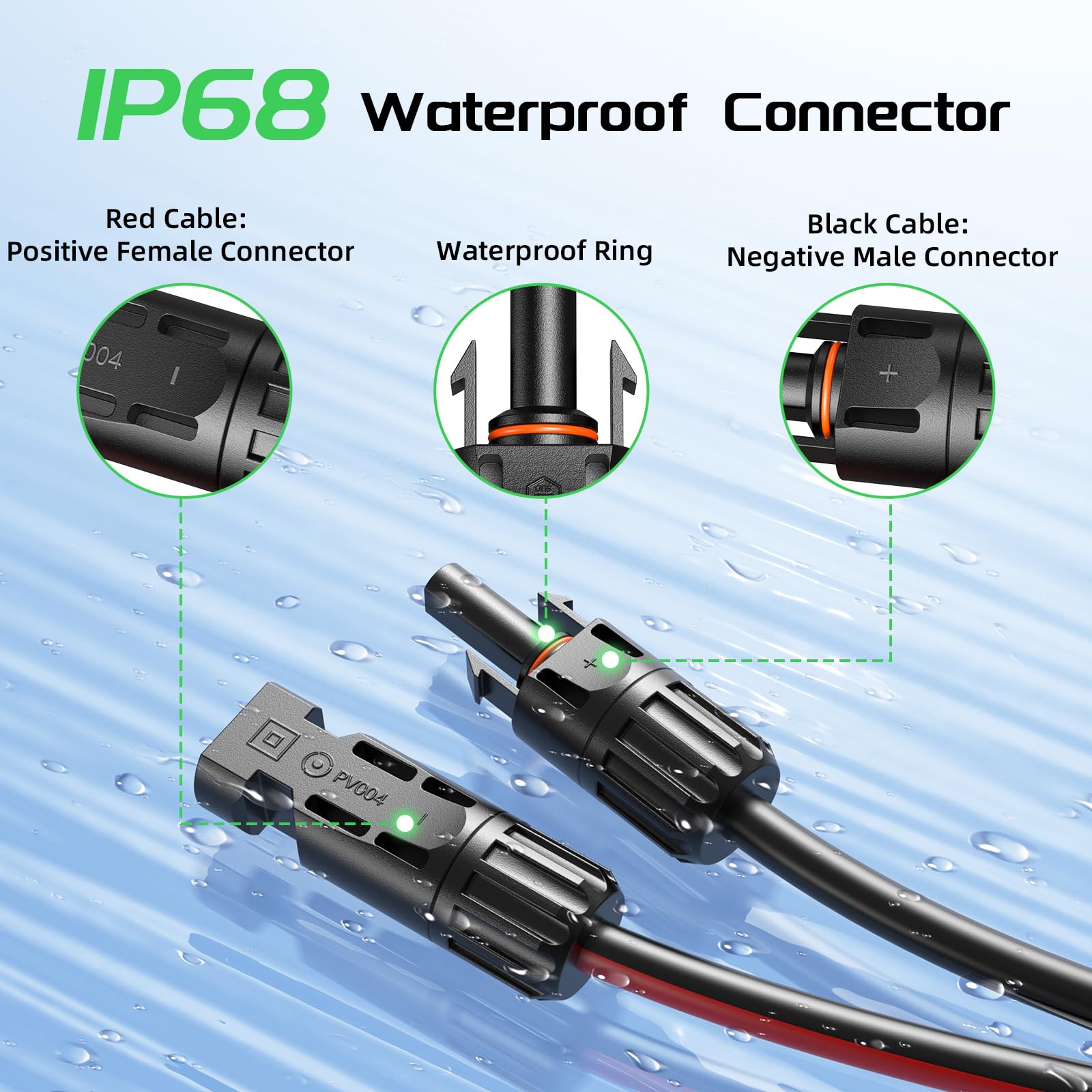 Bateria Power Cable de extensión solar de 2 conductores con conectores hembra y macho impermeables, cable combinado organizado 2 en 1 cables de panel adaptador solar (rojo y negro, 20 pies, 10 AWG (6