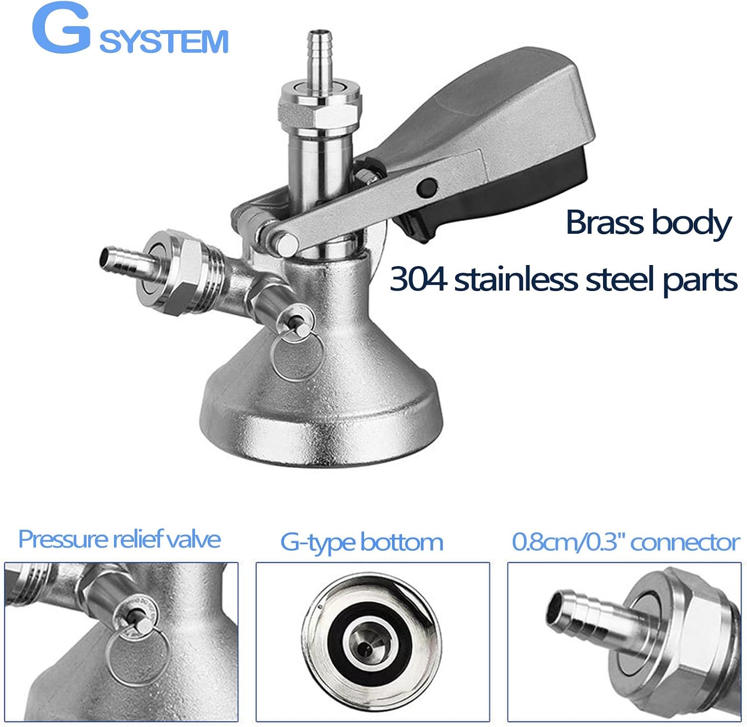 G-Type Keg Coupler, 304 Stainless Steel Probe, Beer Keg Tap Dispenser System, Kegerator Parts with Pressure Relief Valve, Beer Tap Connector