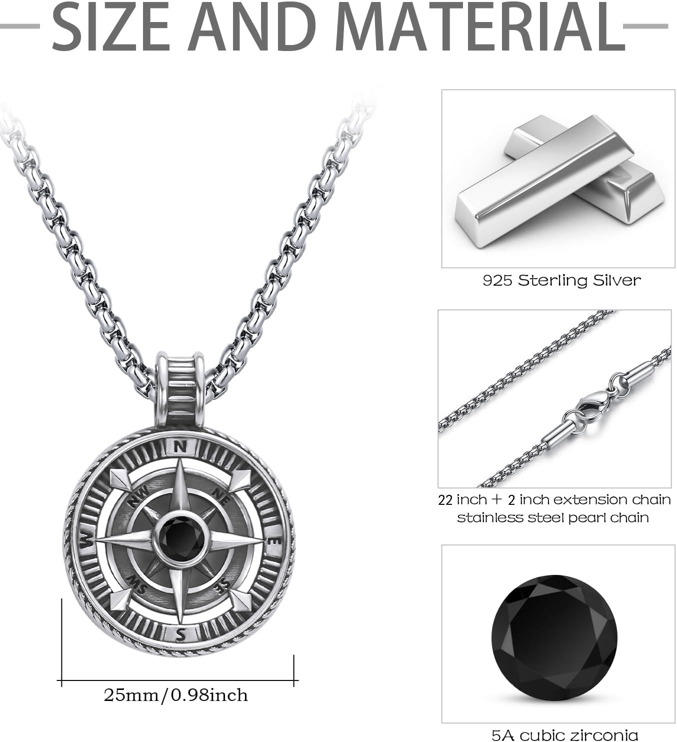 925 Sterling Silver Compass Necklace Graduation Inspirational Gifts with Stainless Steel Chain