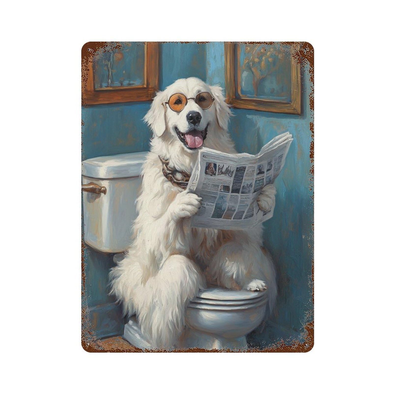 Rusty Metal Tin Sign with Dog Reading Newspaper on Toilet-39 Design 15.7"x11.8", for Shed, Workshop And Garage Wall Decor, Classic Wall Plaque