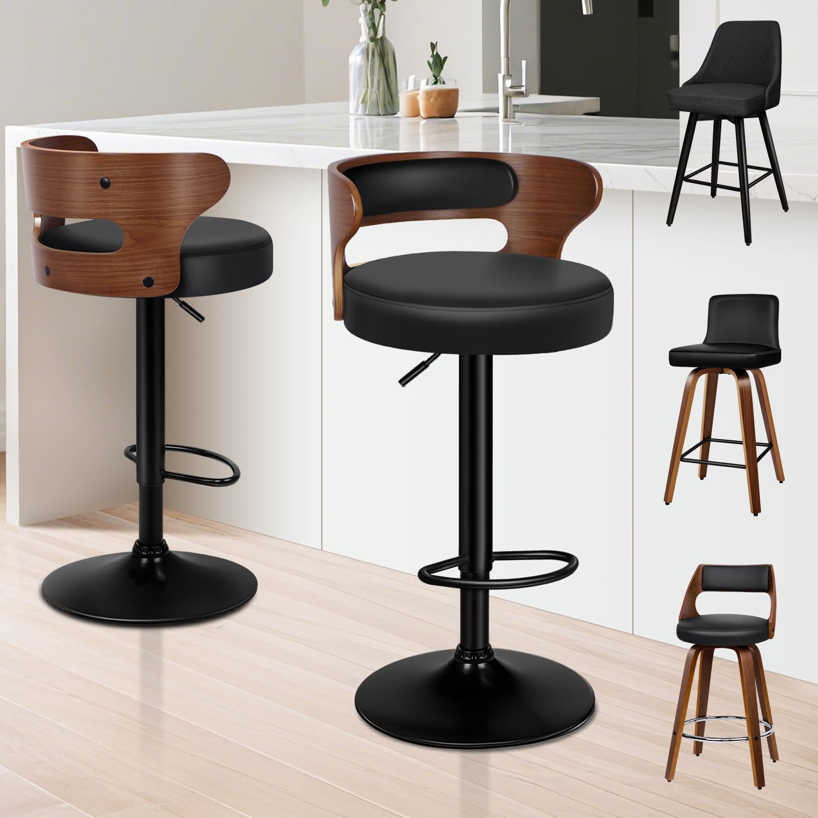 ALFORDSON Bar Stools Set of 2, Comfy Barstools PU Leather, 360° Swivel Wooden Kitchen Chair with Backrest and Footrest, for Dining Room Pub Bar Countertop, 150KG Loads, Black — image 1
