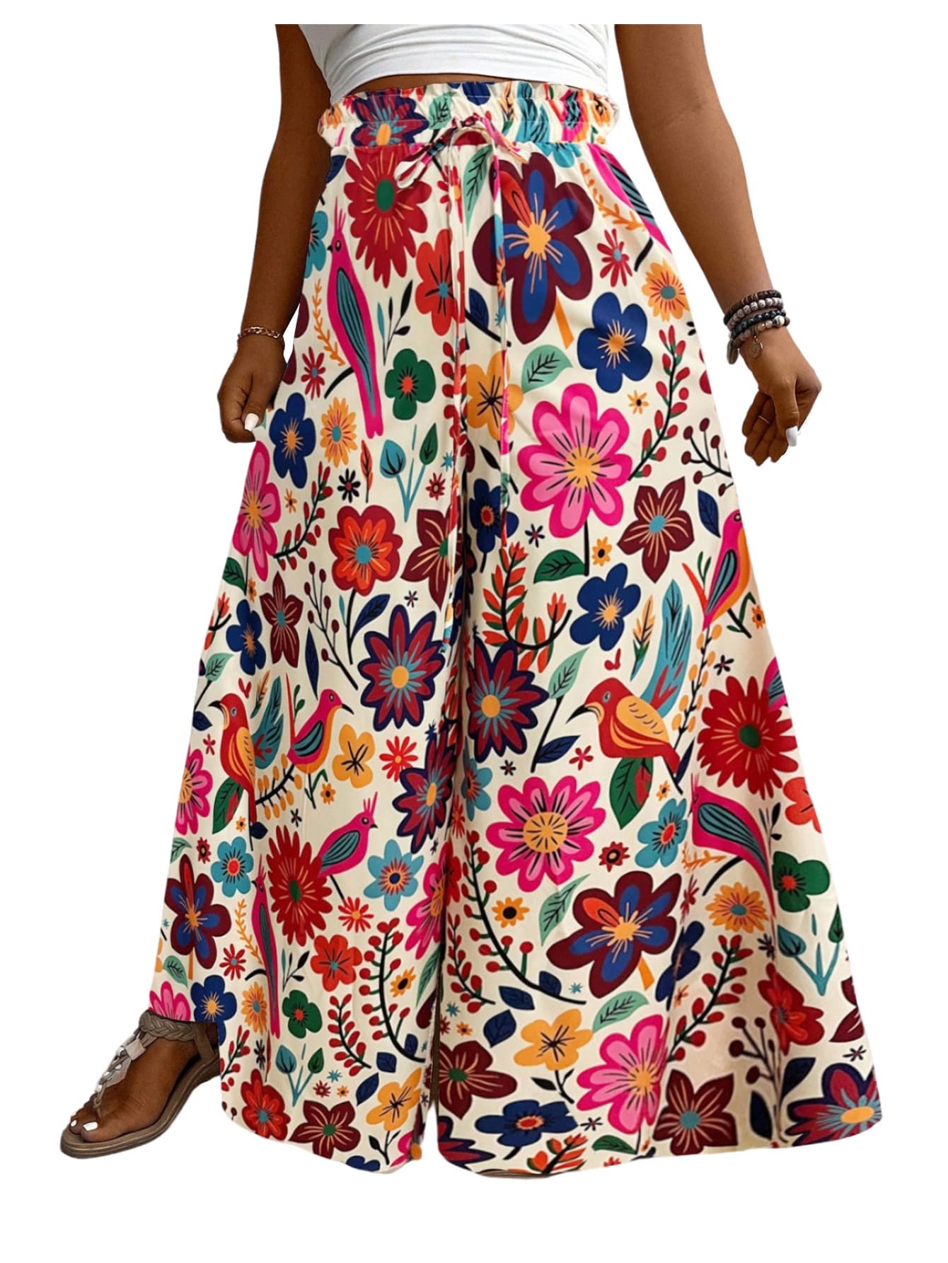 Womens Plus Size Palazzo Pants Boho Floral Baggy Pant Flowy Elastic High Waist Wide Leg Vacation Long Trousers