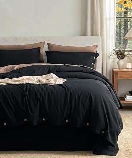 JELLYMONI 100% Washed Cotton Black Duvet Cover King, Linen-Like