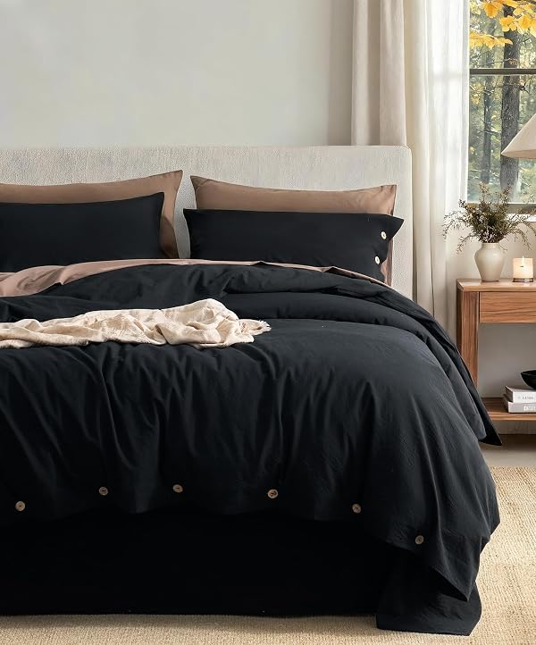 JELLYMONI 100% Washed Cotton Black Duvet Cover Twin, Linen-Like by JELLYMONI - Used condition - US$49.01