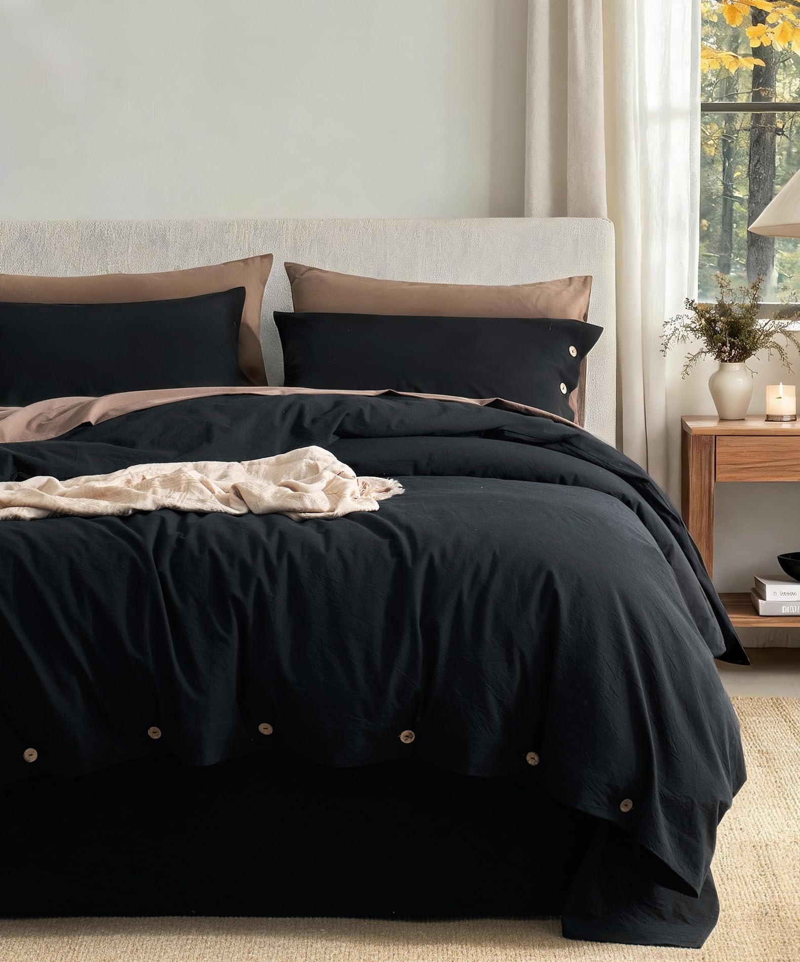 JELLYMONI 100% Washed Cotton Black Duvet Cover Queen, Linen-Like