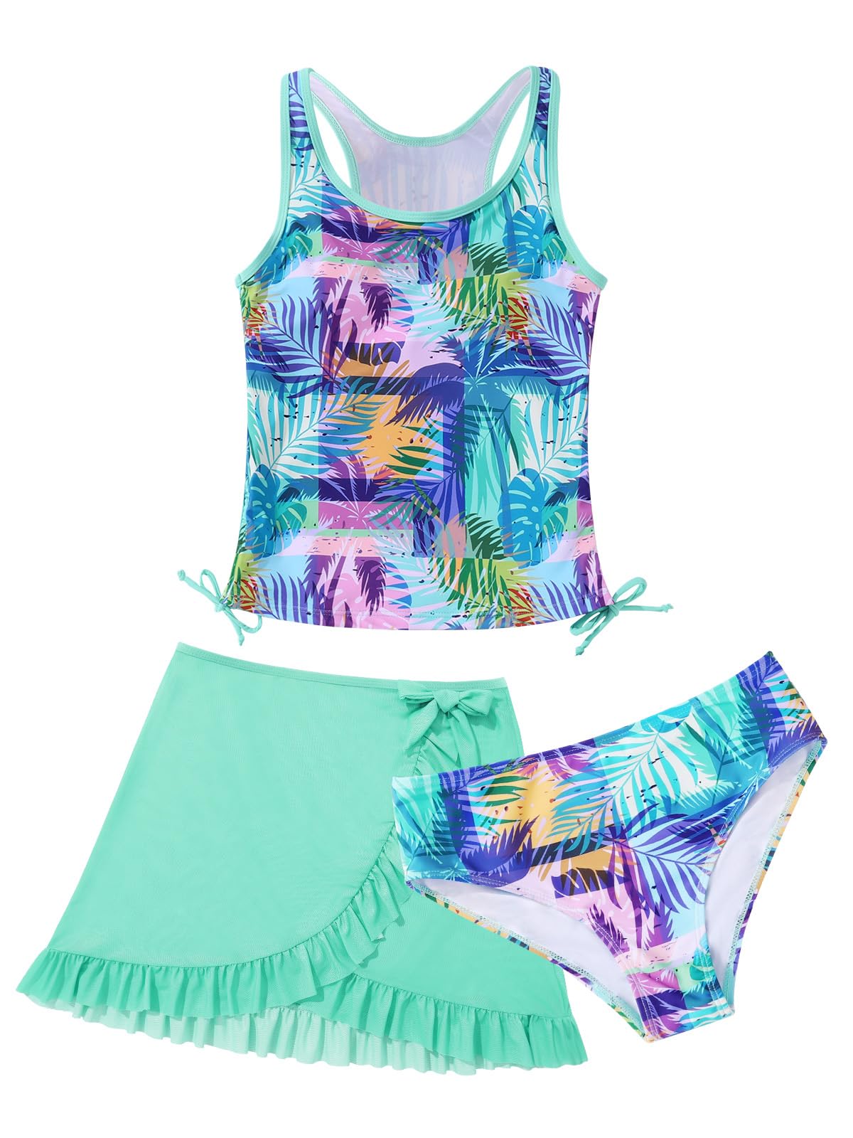 ESHOO Girls Tankini Sets Rash Guard Bathing Set 3 Piece Bikini Swimsuit with Cover Up Beach Skirt Tween Swimwear 7-14Y