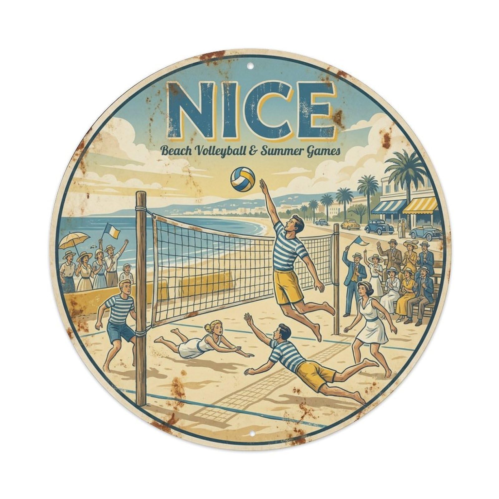 Nice Coastal Route Beach Volleyball Summer Games Travel Metal Tin Sign