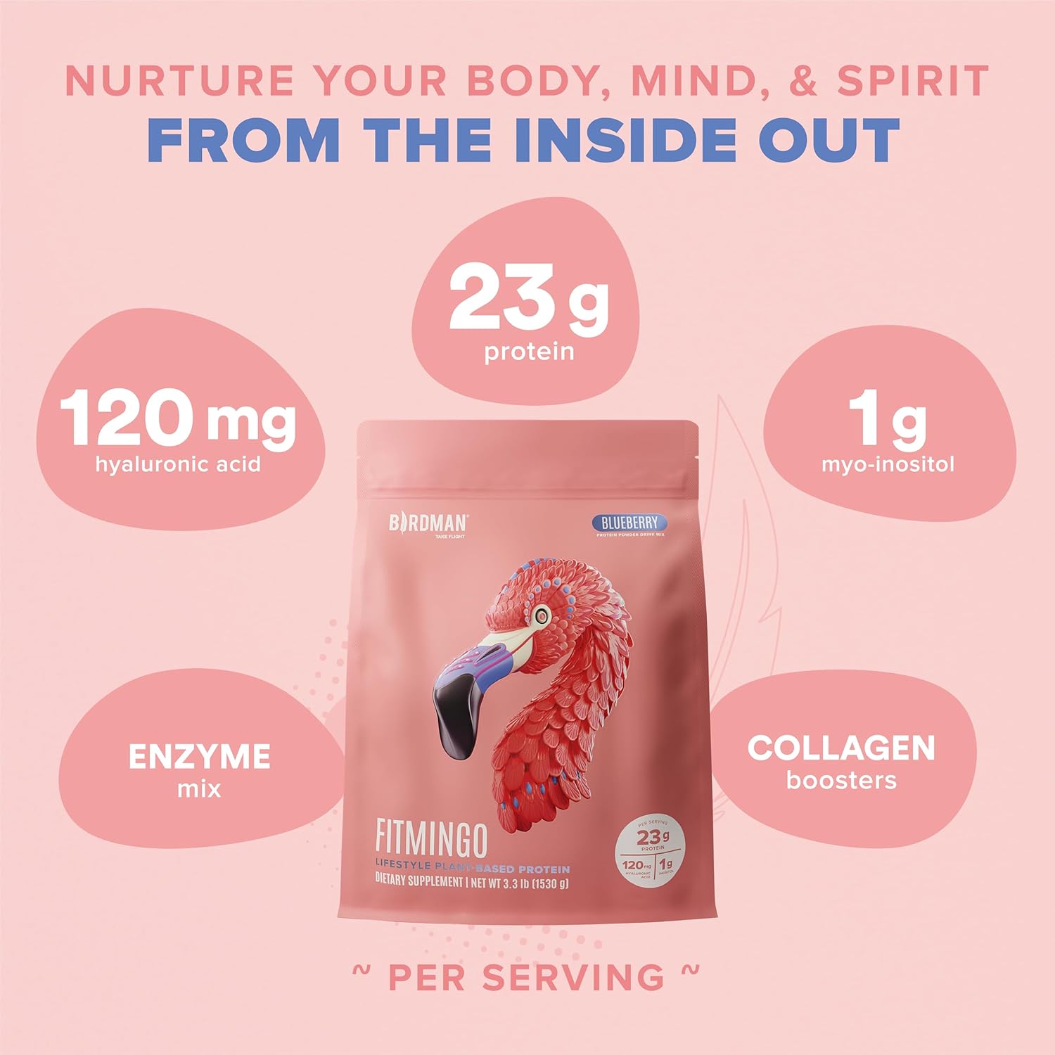 BIRDMAN Fitmingo Vegan Protein Powder with Inositol, Collagen Boosters, Hyaluronic Acid and Vitamins | Low Carb, Dairy Free, Low Calorie | 23g Plant Based Blueberry Protein Powder with Myo-Inositol - Image 4