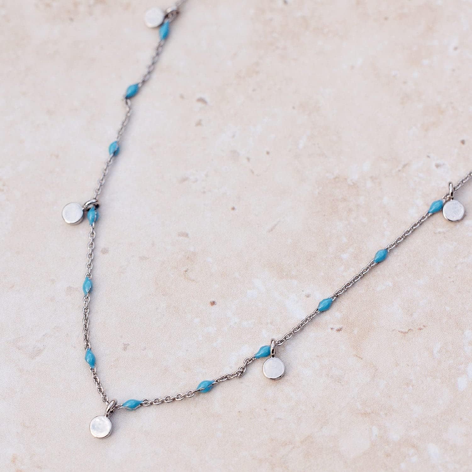 Pura Vida 14" Silver Mini Coin Beaded Choker Necklace - Statement Necklace with Turquoise Enamel Beads - Silver Necklace for Women, Necklaces, Boho Jewelry for Women - 3" Extender - Image 3