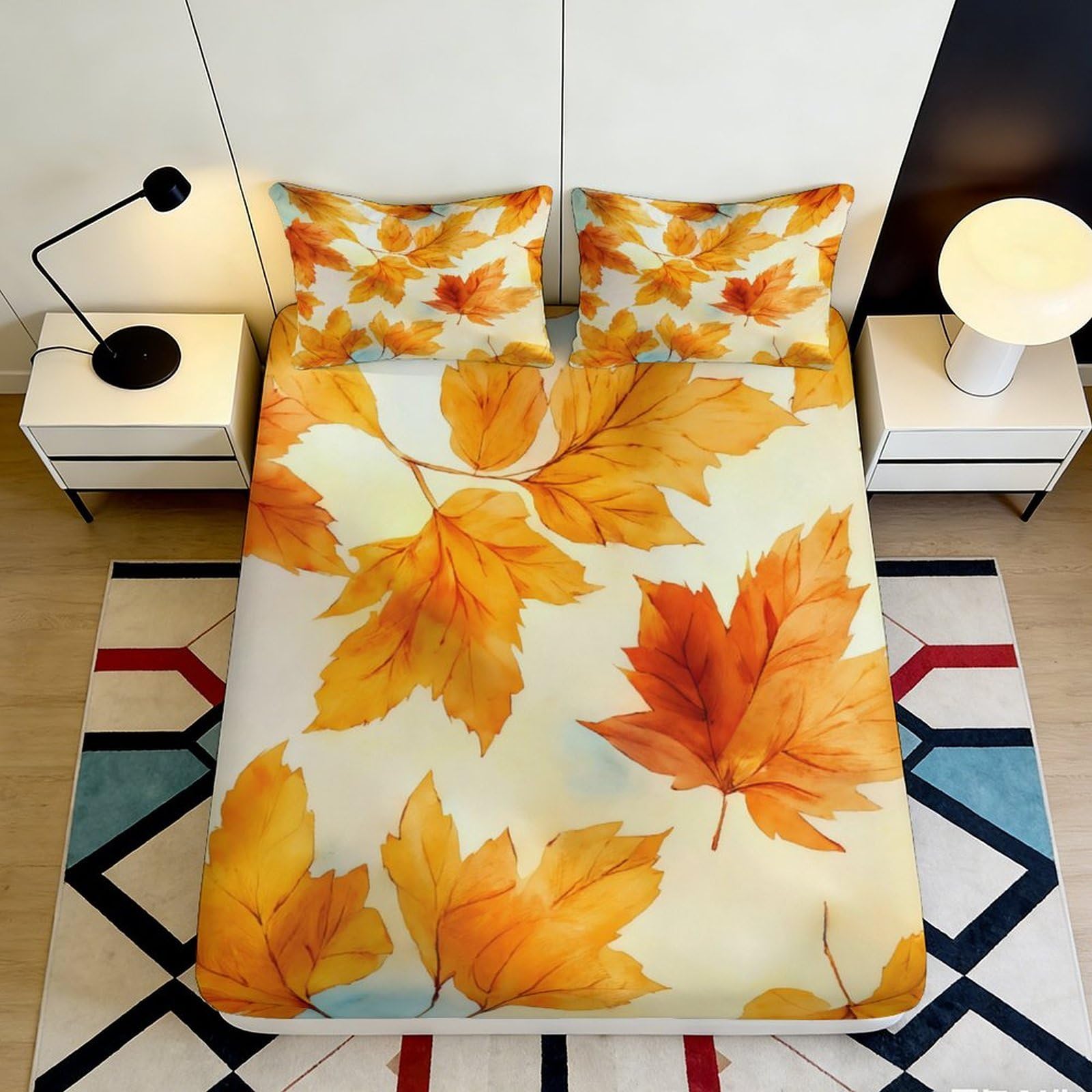 3D Printed Autumn Maple Leaves Fitted Sheet Microfiber Soft Bed Cover for Bedroom Dorm Mattress Decor 90x200x25cm